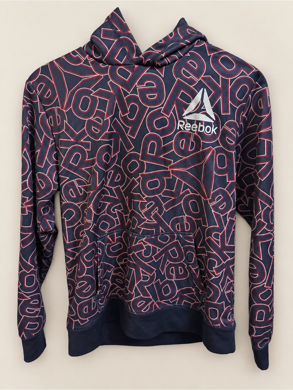 Reebok Navy Hoodie with Pink Outline Logo Pattern
